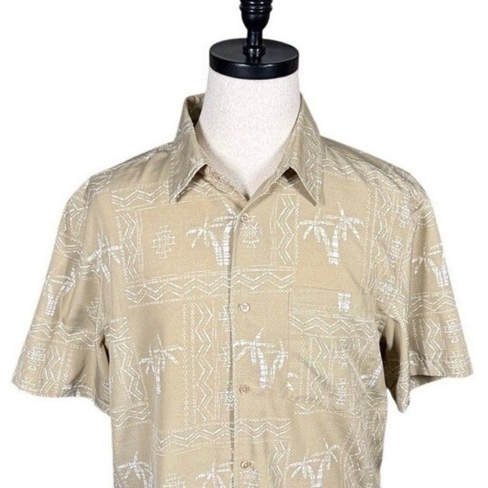 Scandia Woods Mens Large Tan Tribal Palm Tree Print‎ Short Sleeve Button Shirt